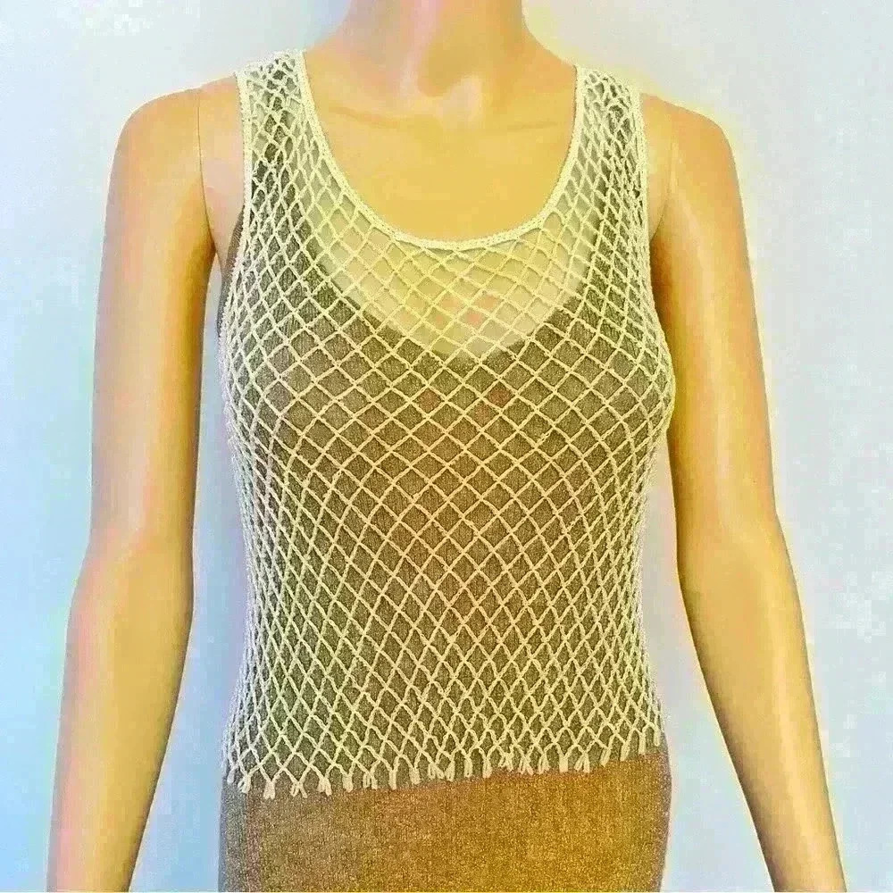 Vintage Rear Beaded See Through Sexy Knitted Party Festival Event  Tank Top